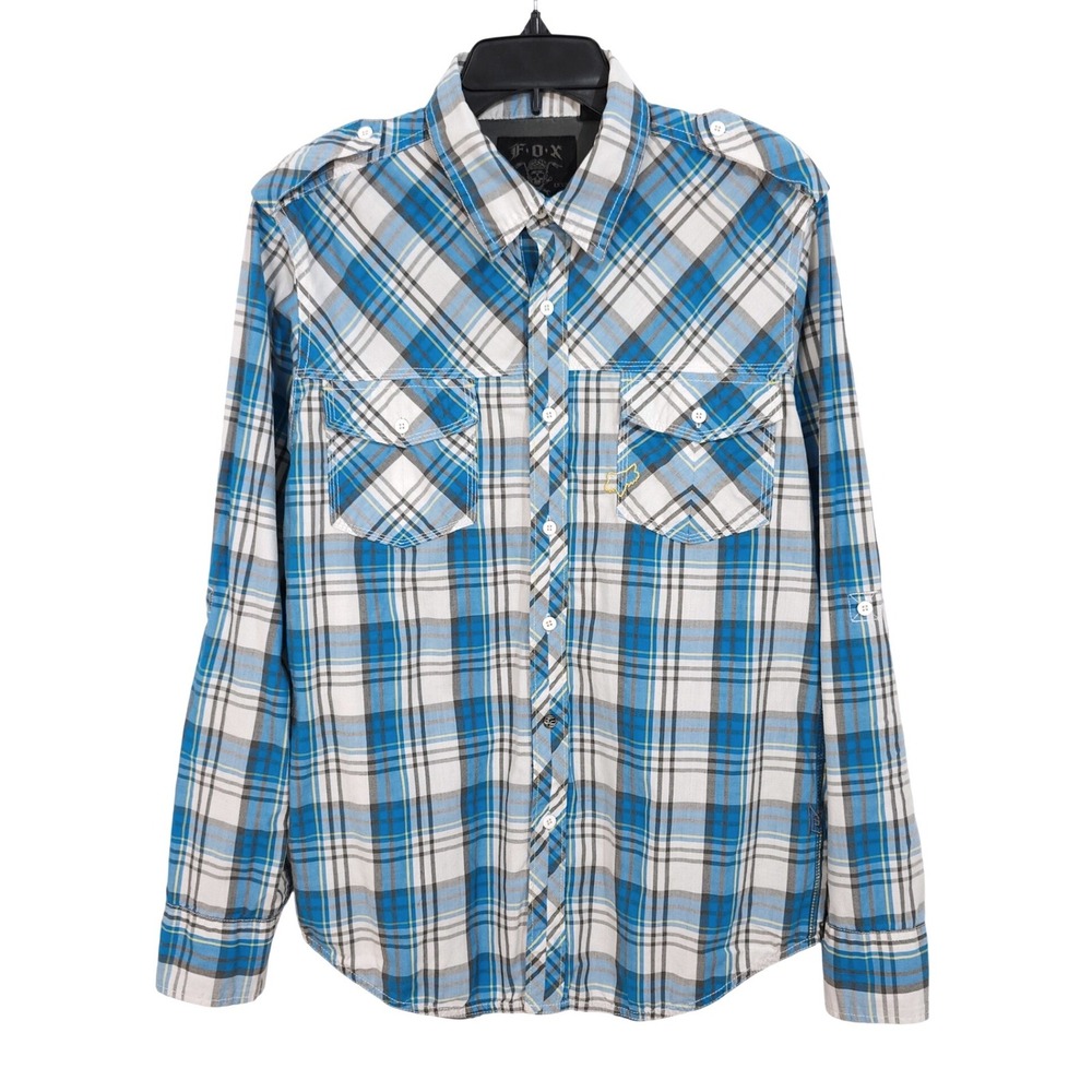 Fox Racing Roll Tab Long Sleeve Button Up Epaulets Shirt Large Blue White Plaid